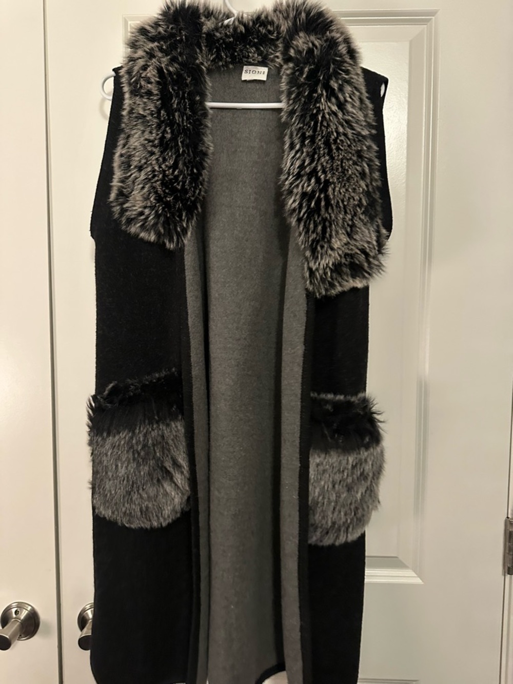 Sioni Black and Gray Faux Fur-Trim Vest